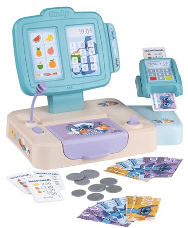 Smoby - Stitch - Registratore di cassa - Cassetto contanti, lettore carte di credito, microfono - Banconote, monete, carte di credito, ricevute - 26 accessori - Dai 3 anni - Prodotto in Francia