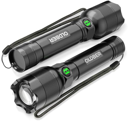 OLDBER 2 Pack Torch LED Super Bright, Rechargeable Flashlight, Small Handheld Camping Torch-5 Modes, Zoomable, Powerful, Waterproof for Camping, Home Emergency