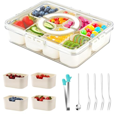 LaJasya Divided Serving Tray with Lid & Handle, Snack Box with 8 Compartments, Reusable Snackle Box, Snack Tray Removable, Food Storage Container, Clear Organizer for Veggie, Candy, Fruit, Nut