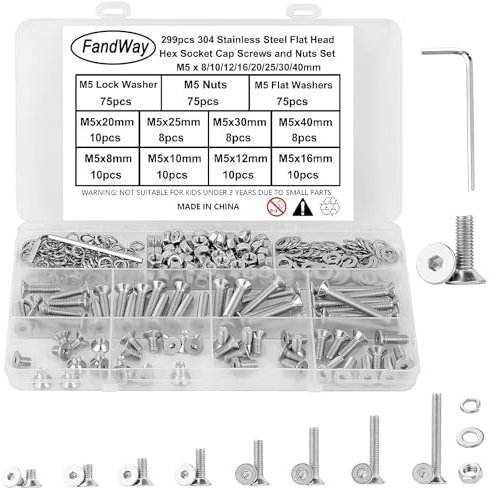 FandWay M5 Schrauben Set,299 Stück Senkkopfschrauben mit Innensechskant,Flachkopf Gewindeschrauben,Sechskantschrauben Edelstahl 304,Maschinenschrauben Muttern und Unterlegscheiben Set mit 1 Schlüssel.