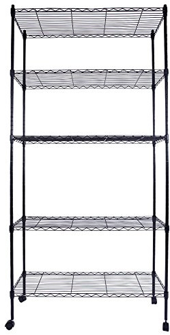 Bonnlo Regal mit Rollen, 5 Gitterböden und Höhenverstellbaren Einlegeböden, Metallregal, Lagereinheit, Küchenregal, Kellerregal, max. Statische Tragkraft 80 kg, 90 × 35 × 165cm, Schwarz