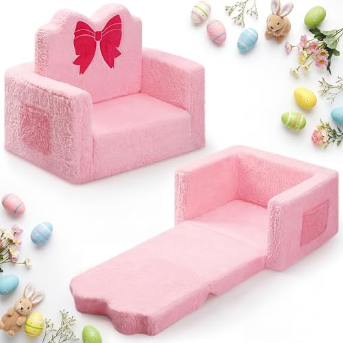 Novabright Kids Chair or Couch for Toddler, 2-in-1 Soft Foldable Couch, Comfy Toddler Chair, Convertible Sofa to Lounger, Gifts for Kids Girl Boys for Easter Birthday Children's Day (Bow)