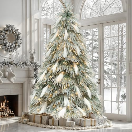 YITAHOME 180cm Künstlicher Weihnachtsbaum mit Federn – Vorgeleuchteter PE-Weihnachtsbaum mit 30 Weißen Federn, 355 Zweigen, 400 Warmweißen LEDs Grün Flockiert für Wohnzimmer/Büro/Partydekoration