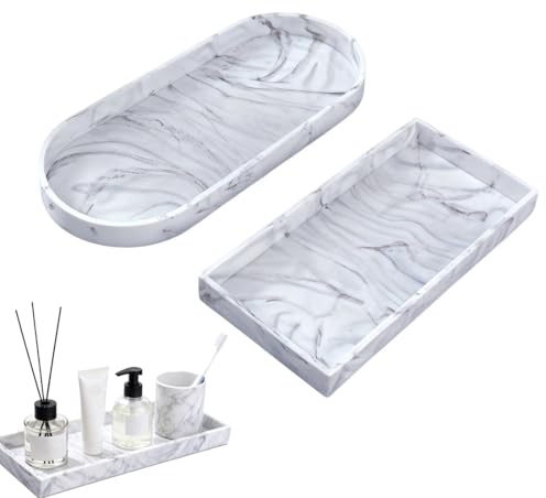 LAKPYN 2Pcs Plateau Salle De Bain,Plateaus Marbre Blanc,Plateau Serviette Salle De Bain Pour Tissus Savon Serviette Plante