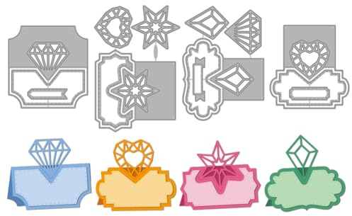 MAYJOYDIY Diamant Karten Metall Stanzformen Etiketten Stanzschablonen Stern Herz Edelstein Förmige Prägeschablonen Prägevorlage Für DIY Papierbastelkarten Scrapbooking Album Dekoration