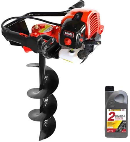 Excel 52cc Petrol Earth Auger with 3 Augers & Engine Oil