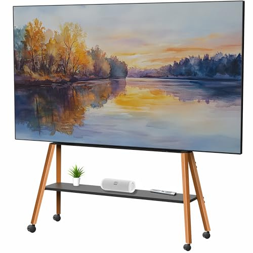 VIVO Rolling Artistic 50 to 90 inch LED LCD Screen Mobile Studio TV Easel Stand, Wood Accessory Shelf, Adjustable TV Mount with 4 Walnut Legs, Black Frame, STAND-TV90R