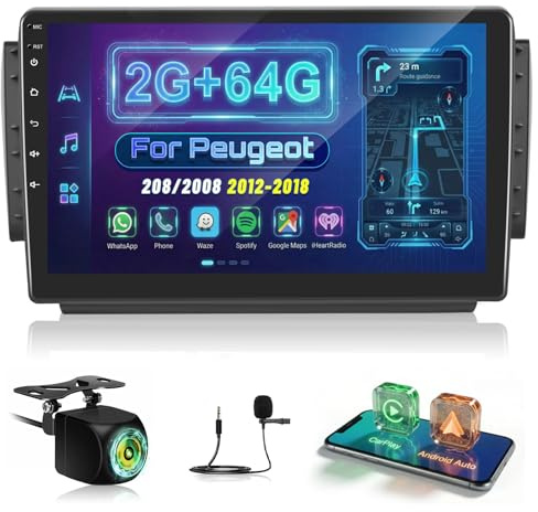 [2G+64G] Android Radio Coche para Peugeot 208/2008 2012-2018 con Wireless Carplay y Android Auto, Radio de Coche con Pantalla Táctil de 10,1 Pulgadas con GPS/WiFi/Bluetooth/EQ/FM RDS