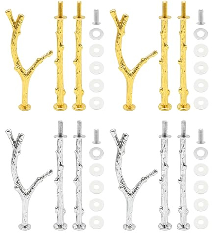Hoypeyfiy Lot de 4 présentoirs à gâteaux argentés et dorés, tiges en métal et coupe-trou central, 2 à 3 étages pour mariages et célébrations, design fourchette à branches