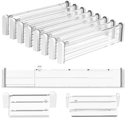 Expandable Drawer Dividers, Clear Drawer Organizers for Utensils, Clothes with 8 Drawer Separators (12.6-22.8''), 16 Inserts (3.9-7.1''), Adjustable Kitchen Drawer in Bedroom, Office Storage