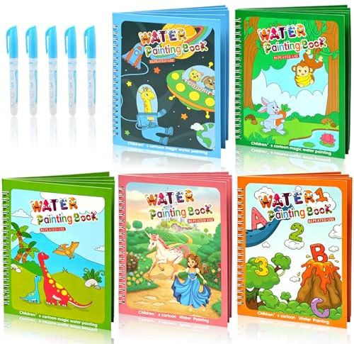 Ballery 5er Pack Wasser-Malbücher für Kleinkinder, Wiederverwendbare Magic Water Malbücher mit Stiften, Kleckerfreies Reisespielzeug, Lernspielzeug Geschenk für Jungen Mädchen