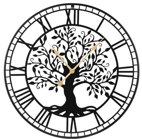 TANGZON Large Wall Clock, Silent Non-Ticking Kitchen Clocks, Wall Mounted Decorative Clock for Garden Bedroom, Kitchen, Home, Indoor & Outdoor (Black Artistic Tree Pattern)