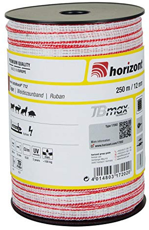 horizont Weidezaunband hotshock T12-TBmax, 250 m lang, 12 mm breit, Breitband Litze, Weidezaun Strom, Elektrozaun, für mittlere Zäune, 100 kg Bruchlast, Band, Litze Weidezaun