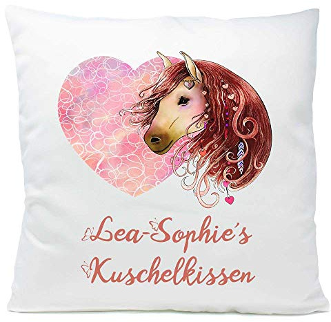 Kissen Pferd braun Herz mit Namen Widmung 40x40 cm inkl. Füllung Kuschelkissen Geschenk, Kissen Farbe:Vorderseite weiß/RS rosa