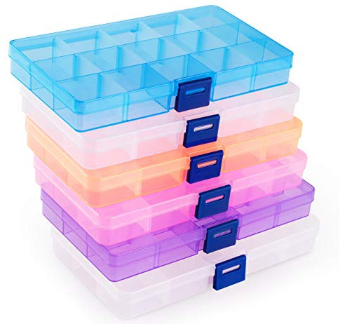 ilauke Fächer Aufbewahrungsbox, Plastik Aufbewahrungsbox in 5 Farben Sortierbox Sortimentsboxen Einstellbar Fächer für Schmuck Veranstalter Perlen Ohrring - 15 Raster*6 Stück
