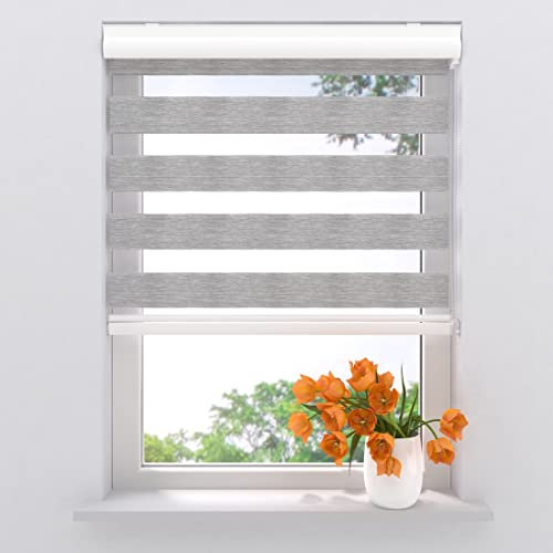 Radeco® Doppelrollo mit Kassette 115 x 175 cm (BxH) hellgrau, Blickdicht oder Transparent, ohne Bohren möglich, doppelrollo wandmontage, Duo Rollo, doppelrollo 115 cm breit