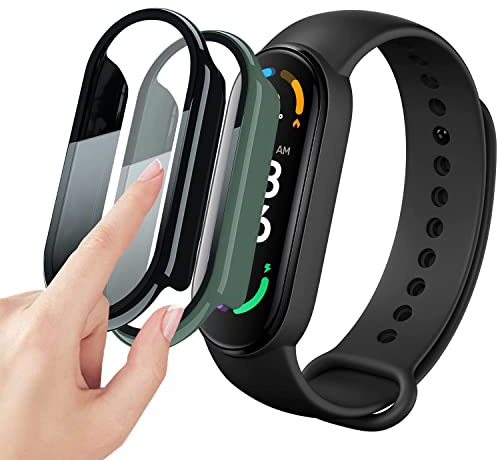 Msm-case [2 Stücke Schwarz Grün mit Fullbody Fitnesstracker Glas Cover Case Schutzhülle Set Vintage für Xiaomi Mi Band 6/5/4/3, 9H Härte PC Case, Bumper, Schlanke Vollschutzhülle für Smart Mi Band 6