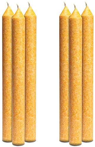 Sechs große grüne farbige Tafelkerzen aus natürlichem Stearin und duftendem Viertel Chakra (Orange 2. Chakra)