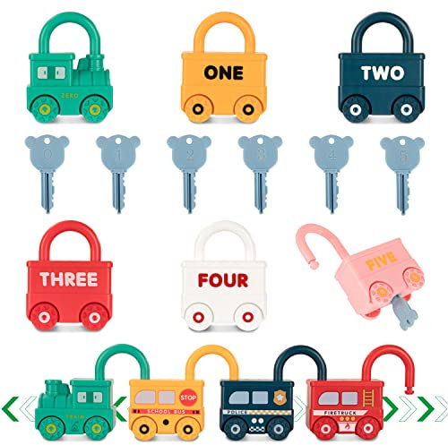 Wisplye Macchinine Giocattolo per Bambini Lucchetto con Chiave, Montessori Set di Veicol Giocattolo Auto Giocattolo Trenino Giochi Educativi per Ragazzo Ragazza 3+ Anni