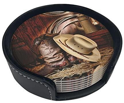 Cowboy Black Hat Western Boots Coaster,6 Pcs Leather Coasters, for Drinks Absorbent with Storage Box
