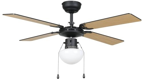 EGLO Deckenventilator Fortaleza, 4 Flügel Ventilator mit Zugkette | Beleuchtung und Sommer Winter Betrieb, Holz, Stahl in schwarz matt und Glas in Weiß, AC Motor, Ø 106,6cm