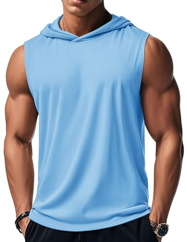 MAGCOMSEN Mens Tank Top Sleeveless Tshirts Summer Hooded Shirts Cotton Muscle Tee Breathable Casual Shirts Waterfall Blue,M