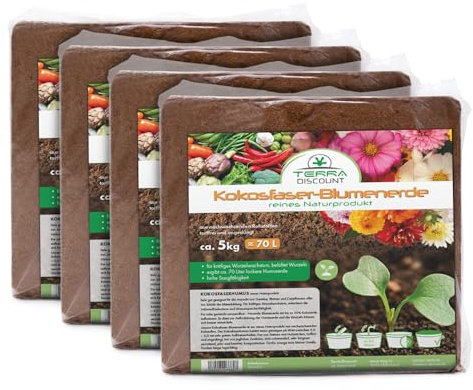 Kokosfaserhumus Blumenerde 4X ca.5 Kg (ca. 280 Liter) | Kokoserde als Hochbeeterde und für Pflanzen/Zimmerpflanzen, Quellerde für kräftiges Wurzelwachstum