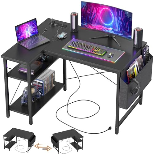 TIQLAB Gaming Desk with Power Outlets - 40 inch L Shaped Computer Desk, Reversible Design Small Corner Desk, Bookshelf Workstation for Work Study Play Home Office, Black