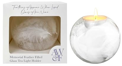 Glass Candle Holder with Soft Feather Filling – 10x10x9cm Tea Light Holder Sympathy Gift for Comforting Moments – Memorial Candle Keepsake & Remembrance Gifts – Angels Wings & Feathers
