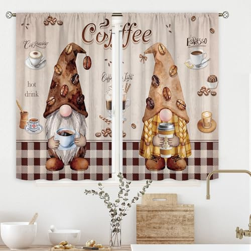 Cinbloo Küchengardinen mit Zwergenmotiv, 60 x 99 cm (B x H), lustige Zwerge, Kaffee-Vorhänge für Küche, Vintage, Café, Bar, Dekoration, Braun, Beige, Büffelkaro, kleine kurze Fenstervorhänge, Stoff, 2 | 70 cm B x 99 cm L Braun-Beige; lichtbeständiger Druck, 2 Paneele, Stangentasche, einfach zu installieren und waschbar.
