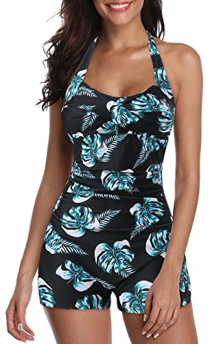 Maillot De Bain Femme 1 Pieces Shorty Ventre Plat Sexy Creux col Halter Chic Grande Taille Monokini Femme Vintage Imprimé Cerise Plage Océan Surf Plongeon Sport Natation Piscine (Tropical, M)