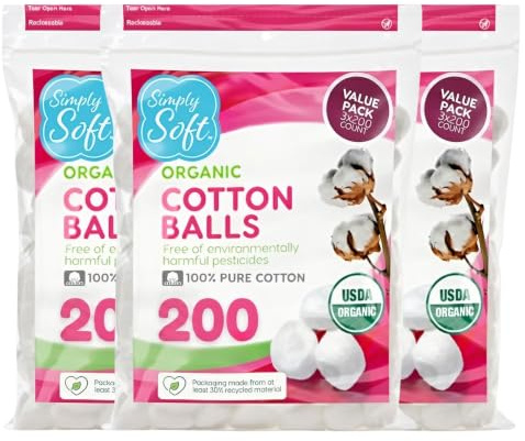 Simply Soft 600 stycken högkvalitativa ekologiska bomullskulor (3 påsar) 100% ren bomull, certifierad ekologisk, allergivänlig, stor, mjuk och absorberande för skönhet, kosmetika