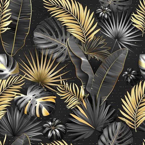SOEWIOU Palm Leaf Peel and Stick Wallpaper,600 * 44.5cm Thicken Removable Waterproof Wallpaper Grey/Gold Tropical Contact Paper for Home Bedroom Cabinets and Kitchen Deco
