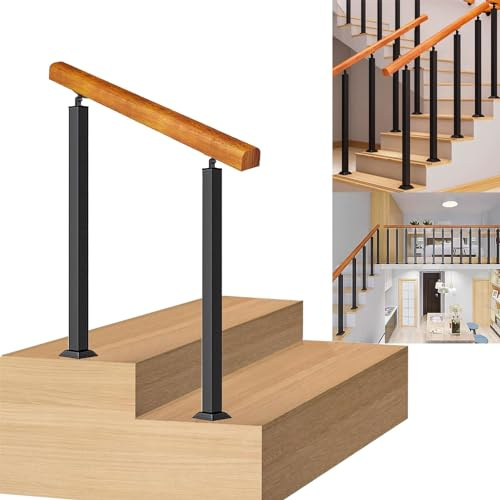 Corrimano in Legno per Scale - Kit Completo. Ringhiera per scale da 30 cm-140 cm Pali in ferro battuto in metallo Ringhiera nera per scale Gradini interni ed esterni (Colore : Height 95cm, Size : 80