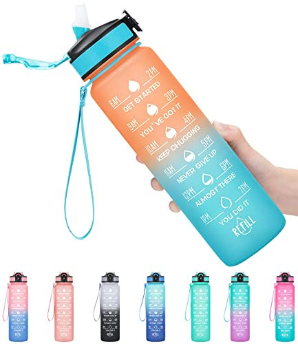 MEITAGIE Water Bottle with Straw - Large 1 Litre BPA Free Sport Water Bottle with Time Markings -Leak Proof Gym with Filter