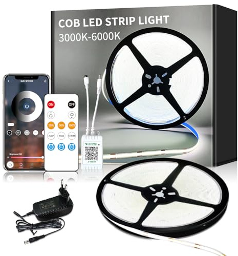 Yeewhale COB Led Strip 10m,APP Steuerung,mit Fernbedienung | flexible Dimmbar COB LED Streifen, DC24V 6000k Weiß LED band, anwendbar auf Schlafzimmer, Raum,DIY Dekoration