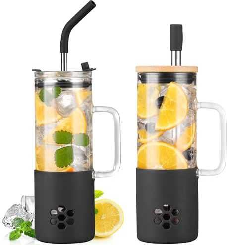 BLUEGO Gobelets en verre 600 ml avec 2 couvercles et poignée, Tasse en verre Avec pailles,Tasses à café glacé, Gobelet à jus de smoothie de 0,6 L, Tasse à thé aux perles, Noir