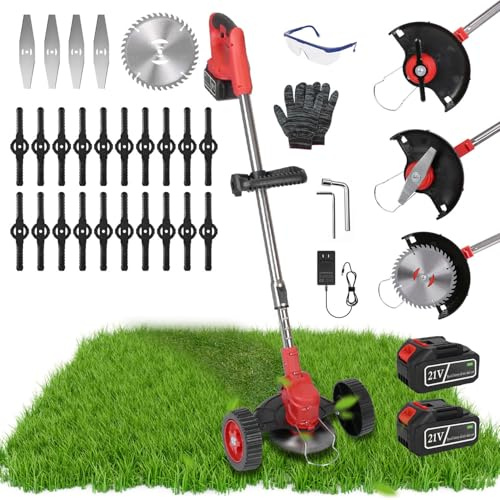 Désherbeur sans fil, 2 x 2,5 Ah alimenté par batterie, désherbeur électrique avec roues, coupe-bordures électrique 3 en 1 avec 3 types de lames pour jardin, cour