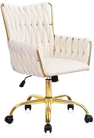 CLATINA Drehstuhl mit Hoher Rückenlehne Luxus Schminksessel mit Goldgestell Rollen Ergonomischer Höhenverstellbarer Büro- und Home-Office Stuhl für Schlafzimmer Wohnzimmer Mädchen Weiß
