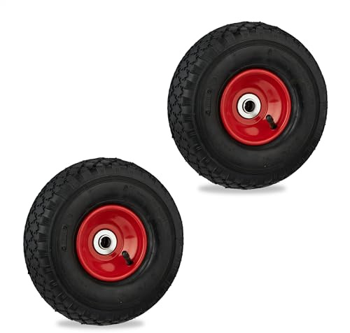 Relaxdays 2X Sackkarrenrad 10x3.00-4, luftbereifte Ersatzreifen, 17 mm Achse, 136 kg, Stahlfelge, 255x90 mm, schwarz/rot