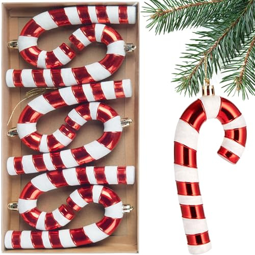 BRUBAKER Baumschmuck Zuckerstangen - 6X Weihnachtsbaumschmuck | 14 cm Glitzer Christbaumschmuck aus bruchsicheren Kunststoff - Weihnachtsdeko Anhänger für Weihnachtsbaum - Rot Weiß