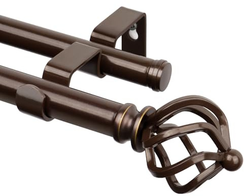 KAMANINA Double Curtain Rod 72 to 144 Inches(6-12 Feet) Antique Bronze Curtain Rods for Windows 66 to 120 Inches, 7/8 Inch Heavy Duty Drapery Rod with Twisted Cage Finials