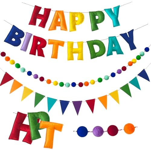 Vorbespanntes Happy Birthday-Banner – Filzkugel-Girlande – Happy Birthday Girlande, Regenbogen-Geburtstagsdekorationen, personalisiertes Schild für Party-Dekoration, Foto-Requisite (mehrfarbig mit