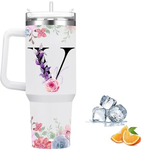 Botella Agua Termica Personalizada, Cool Bottles de Acero Inoxidable de 1.2 Litros, Termo Cafe para llevar con tapa y pajita, Copo Termico sin BPA, Letras de Moda, Regalos Originales para Mujer (V)
