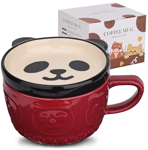 Beyinli Panda Tasse mit Deckel Keramik Kaffee Becher Geburtstags Rot | Panda Mug mit Gesicht, lustige Neuheit Frühstückstasse, Pandaliebhaber Geschenk für Frauen Freunde Kinder, Weihnachten 300 ml
