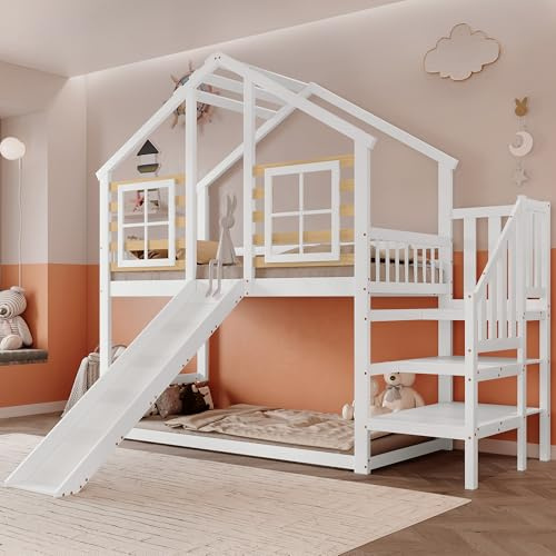 Gegtuon Kinderbett Bett 90x200 für Kinder, Hochbett mit Offenen Treppe Stauraum & Rutsche, Holzbett Hausbett mit Dach, Etagenbett Bettgestell mit 1x Lattenrost & Rausfallschutz, ohne Matratze (Weiß)
