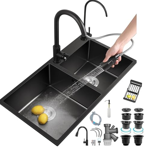 Fregadero De Cocina Doble Seno En Acero Inoxidable – Fregadero Encastrado O Bajo Encimera, Con Escurridor, Válvula De Desagüe, Rebosadero Y Dispensador De Jabón, Diseño Silencioso Rectangular(negro,82