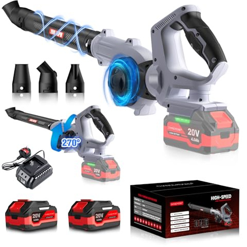CHANGEMOORE Cordless Leaf Blower with 2x4.0Ah Battery, Charger & 3 Nozzles, 270° Rotatable Dual-Sided Air Inlet, 160MPH 3-Speed Mode Electric Leaf Blower for Garden Leaves Snow Dust Grey A