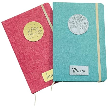 Genérico IDEAS CAÓTICAS | Libreta A5 personalizada con nombre. Tapas de algodón reciclado y 4 colores. Elige entre Árbol de la Vida y Flor de Loto. Grabamos el nombre en una placa de acrílico espejo.