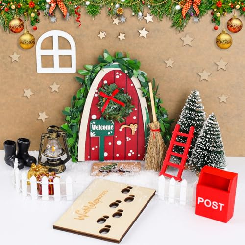 Wichtel Zubehör Weihnachten,24 PCS Wichteltür Set mit Kunstschnee,Wichteltür Komplettset mit Baustelle, DIY Geschenke für Kinder, Wichtelzubehör mit Feentür, Briefkasten, Stiefel, Zaun, Leiter